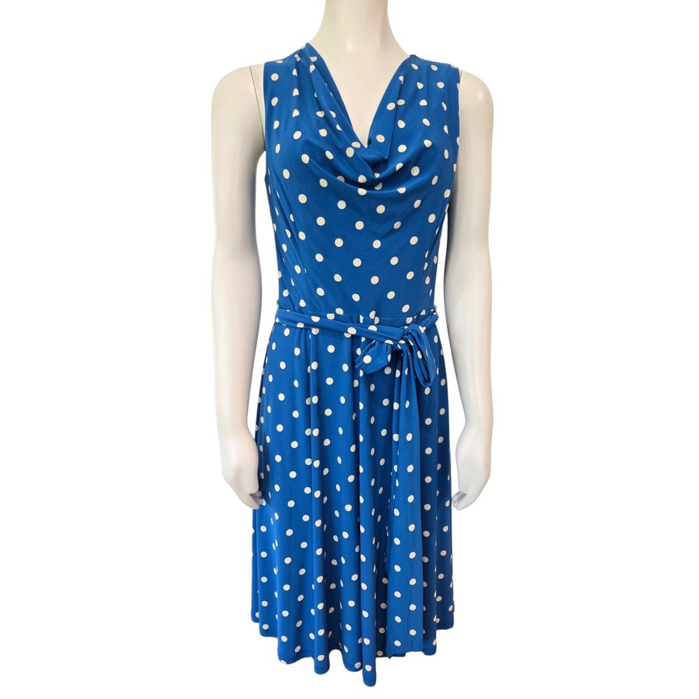Lauren Ralph Lauren Jersey Dress Womens Size 6 Polka Dot Cowl Neck Belted Blue